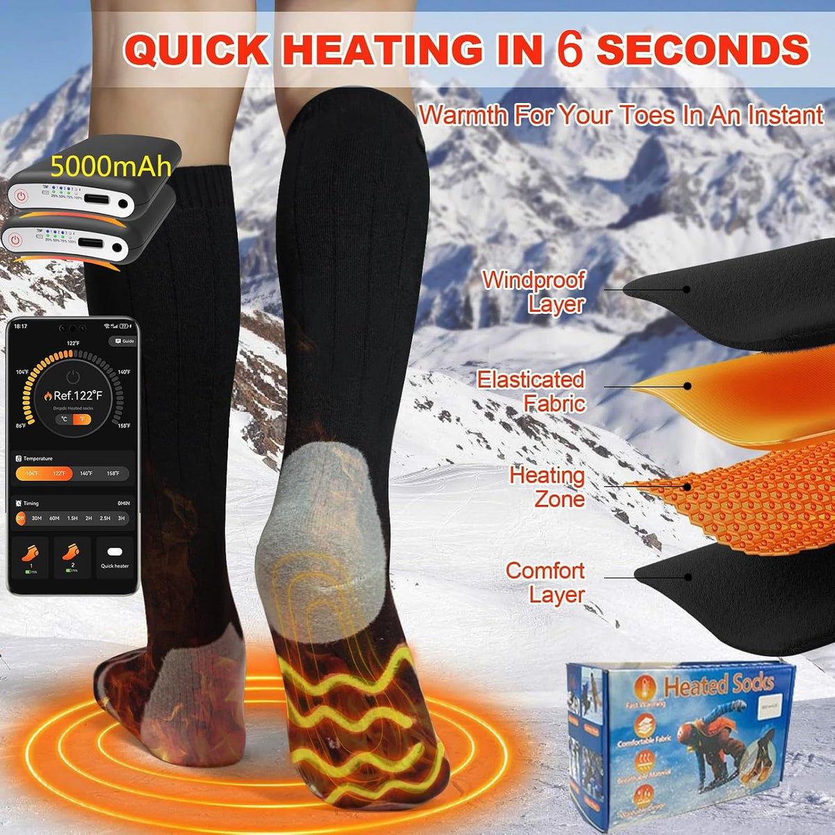 Smart Heated Socks for Men and Women with App Control – Rechargeable 8500mAh Electric Warm Socks, Washable and Ideal for Outdoor Activities, Skiing, Hunting, Cycling, and Camping – Perfect Holiday Gift